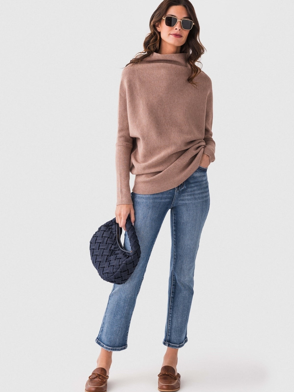 Blu Ivy Slouch Neck Dolman Sleeve Ribbed Pullover Sweater Medium Taupe Mocha